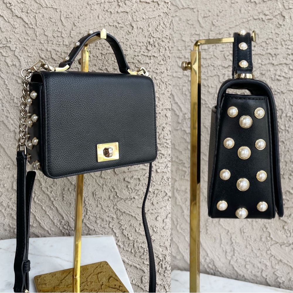 KATE SPADE Black Glitter Leather Serrano Place Pearl Mini Satchel Crossbody Bag